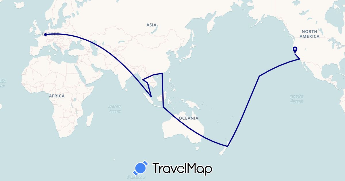 TravelMap itinerary: driving in Belgium, Hong Kong, Indonesia, Myanmar (Burma), New Zealand, Singapore, Thailand, United States, Vietnam (Asia, Europe, North America, Oceania)